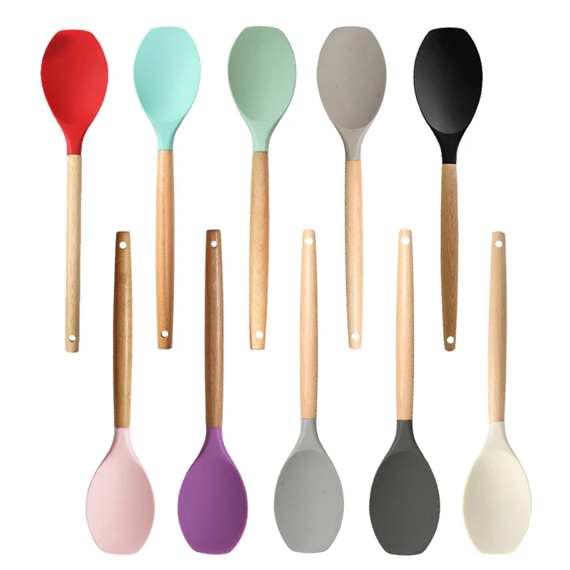 Home Cooking Utensils Silica Gel Scoop Salad Agitator Wood Handle Pot Kitchen Utensils