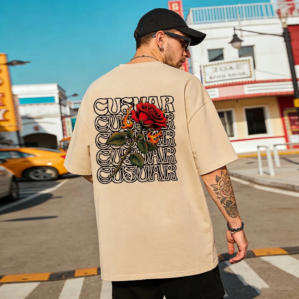 Cushar Flaming Red Rose Vintage Stacked Text Print Black Cotton Oversized Tee, Retro Western Streetwear Unisex Casual Top