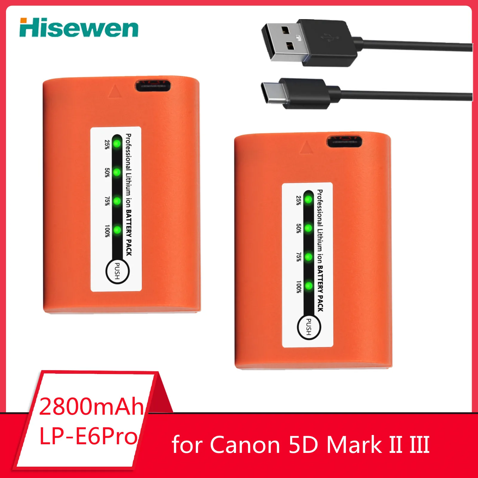 

2800mAh LP-E6 LP E6 LPE6 Type-C Charging Battery for Canon 5D Mark II III 7D 60D EOS 6D 70D 80D EOS 5DS R EOS R5 R7 R6 Camera