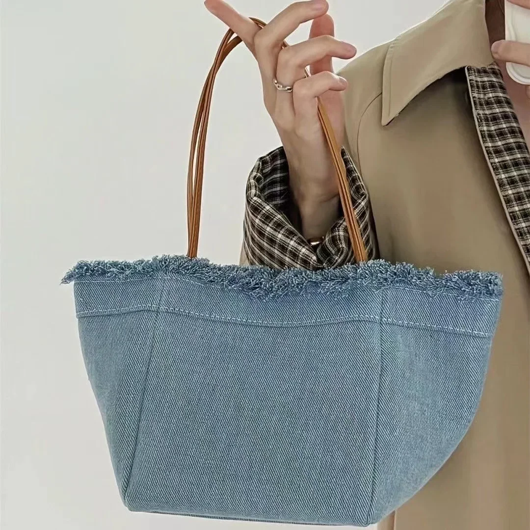 Tas tangan genggam wanita, dompet tas Tote wanita, tas bahu, tas ketiak, tas tangan genggam, tas ember warna biru, rumbai Denim, mode, baru