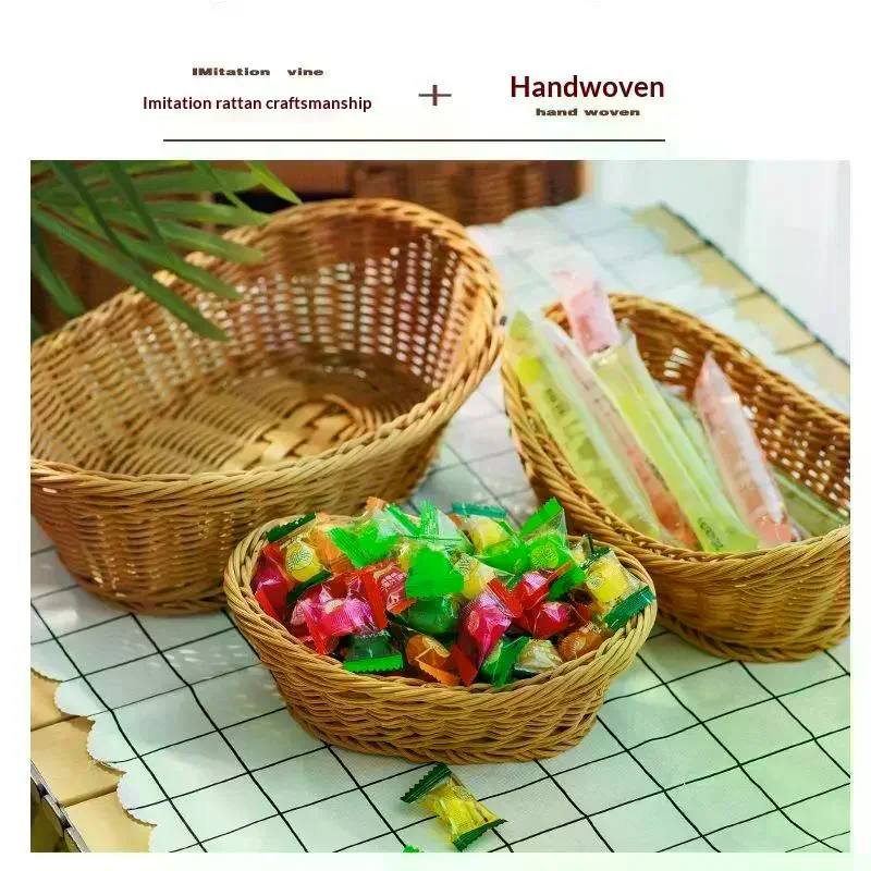 Handwoven Plastic Rattan Basket Breathable Multifunctional Food Container for Kitchen Bread Fruits Snacks Home