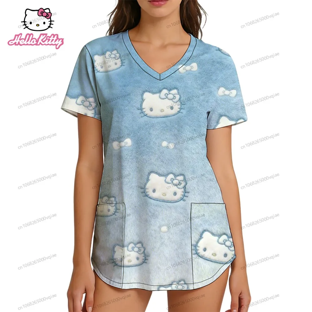 

Cheap Tops Hello Kitty Pocket Women's T-shirt Nurse Uniform V Neck T Shirt Woman Clothes Harajuku Fashion T-shirts S-2XL Top Y2k