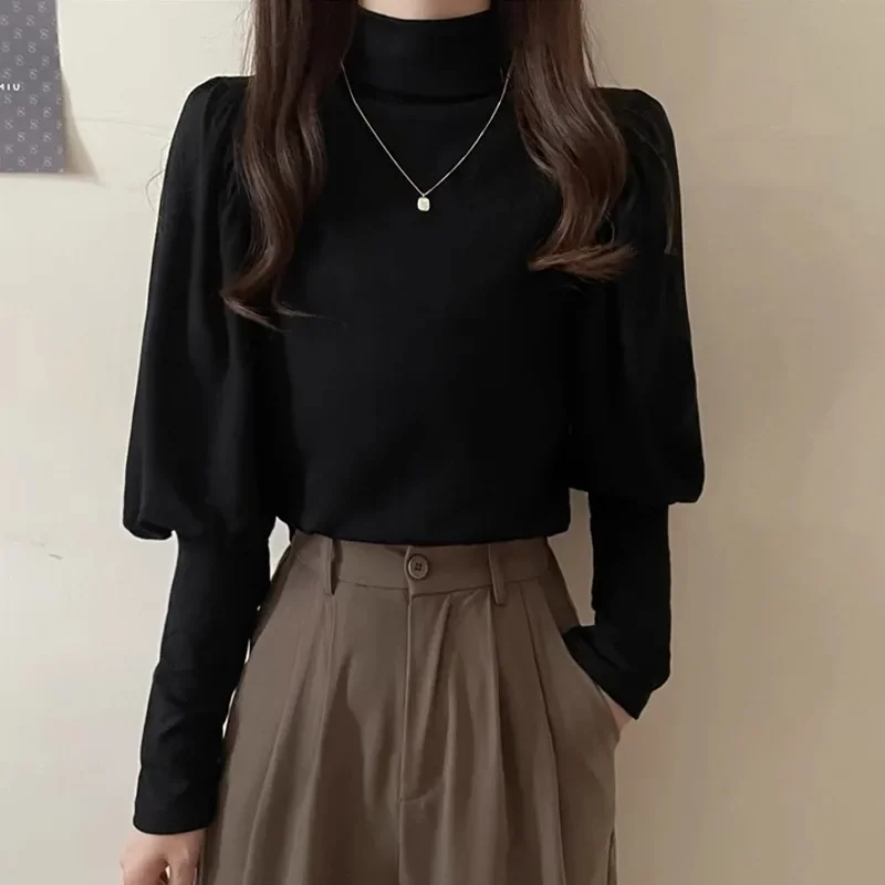 Elegant Thin Puff Sleeve Top Autumn/winter Style Korean Version Versatile Half Polo/turtle Neck Sleeve T-shirt Inner Base Layer