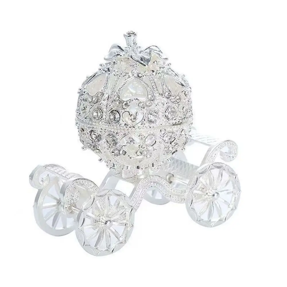 Rhinestone Decorated Metal Crafts Ornament Pumpkin Shaped Zinc Alloy Material Trinket Storage Box Carriage Design Compact Size
