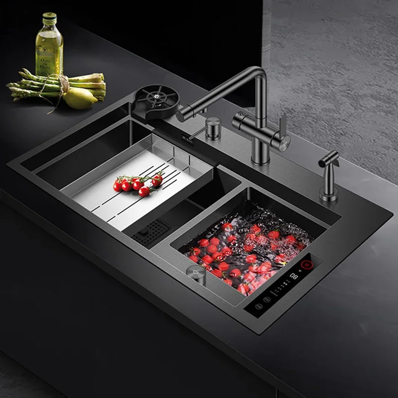 English Panel Ultrasonic Smart Purifying Kitchen Island Sinks 304 Stainless Steel Handmade Double Sink Smart Purifying Sinks