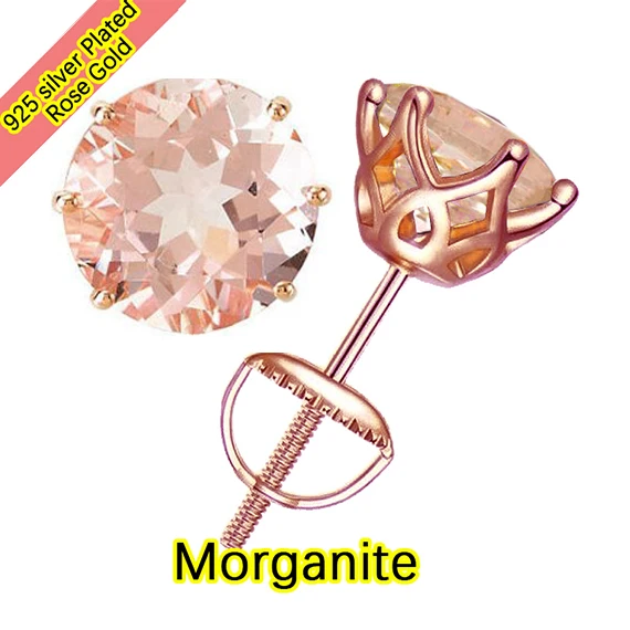 100% S925 silvery morganite sapphire peach morganite  screw back 6 prong stud earring for women golden plated  golden plated