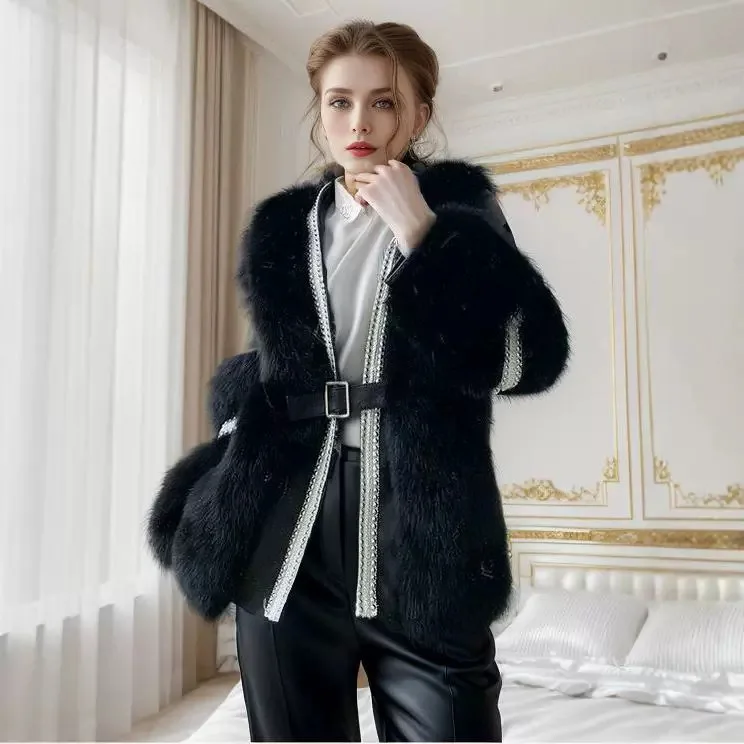 سترة نسائية من فراء الثعلب الصناعي ملابس خارجية شتوية من قطعة واحدة معطف هاينينغ أصل عصري ودافئ