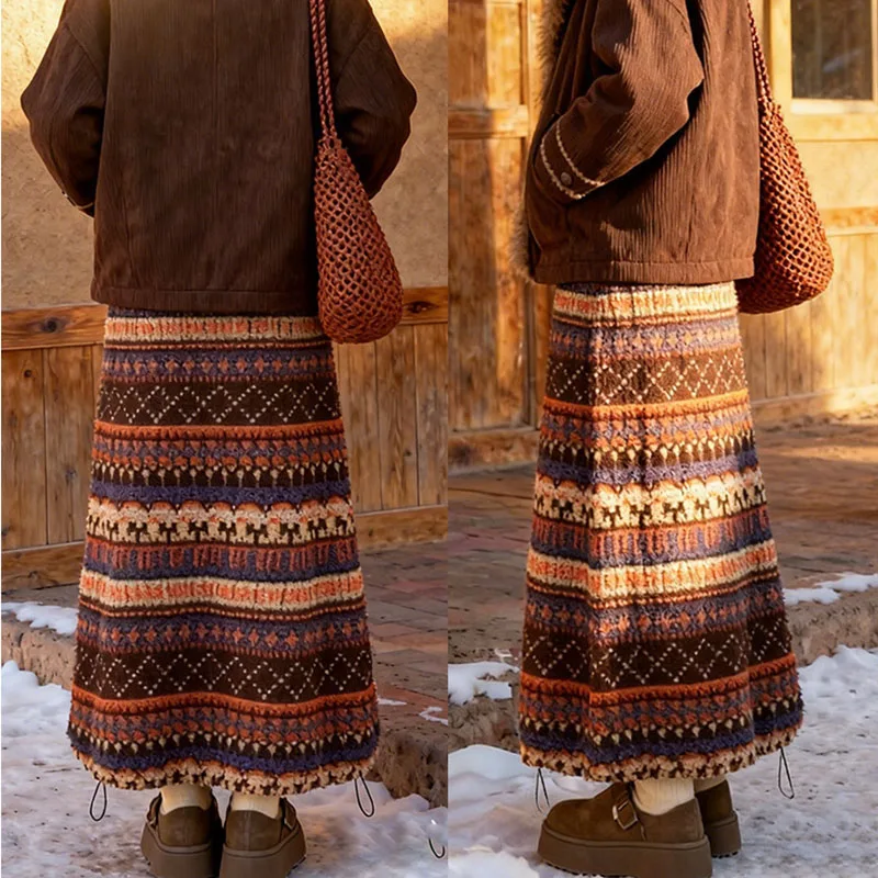 الخريف والشتاء جديد القطبية الصوف التنانير النساء خمر مخطط كتلة اللون تنورة طويلة للمرأة Y2K موضة فضفاضة ميدي التنانير #6