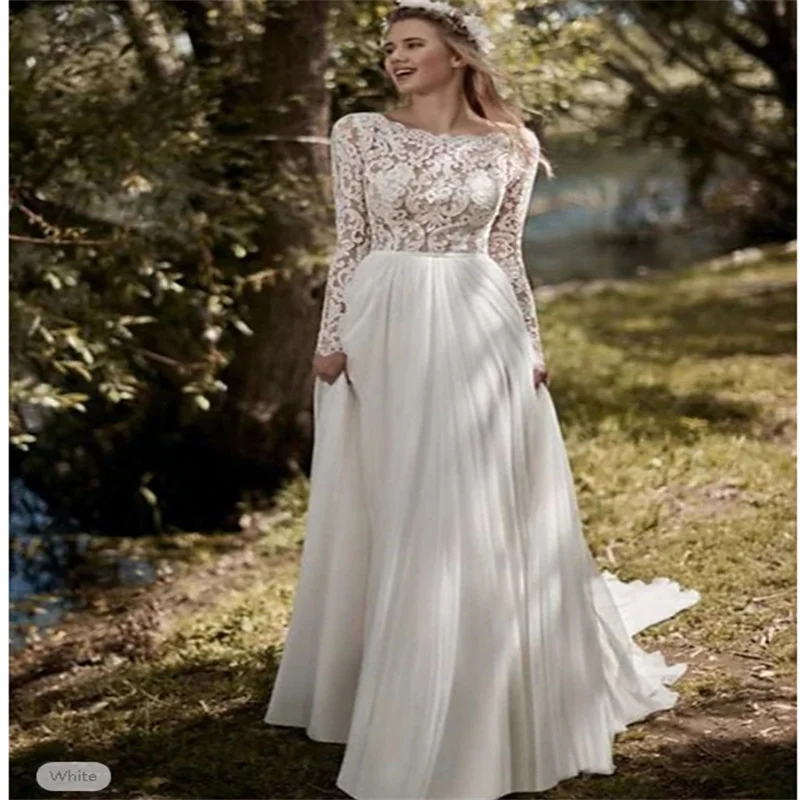 

Casual Wedding Dresses A-Line Beach Wedding Scalloped Neck Boho Barpque Lace Long Sleeve Sweep / Brush Train Lace Bridal Gowns