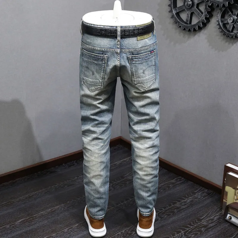 Fashion Designer Men Jeans High Quality Retro Washed Blue Elastic Stretch Slim Fit Ripped Jeans Men Vintage Denim Pants Hombre