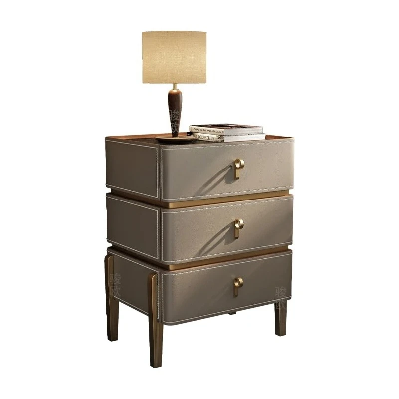 TT Saddle leather bedside table All solid wood  light luxury bedside storage cabinet Bedroom rock slab cabinet