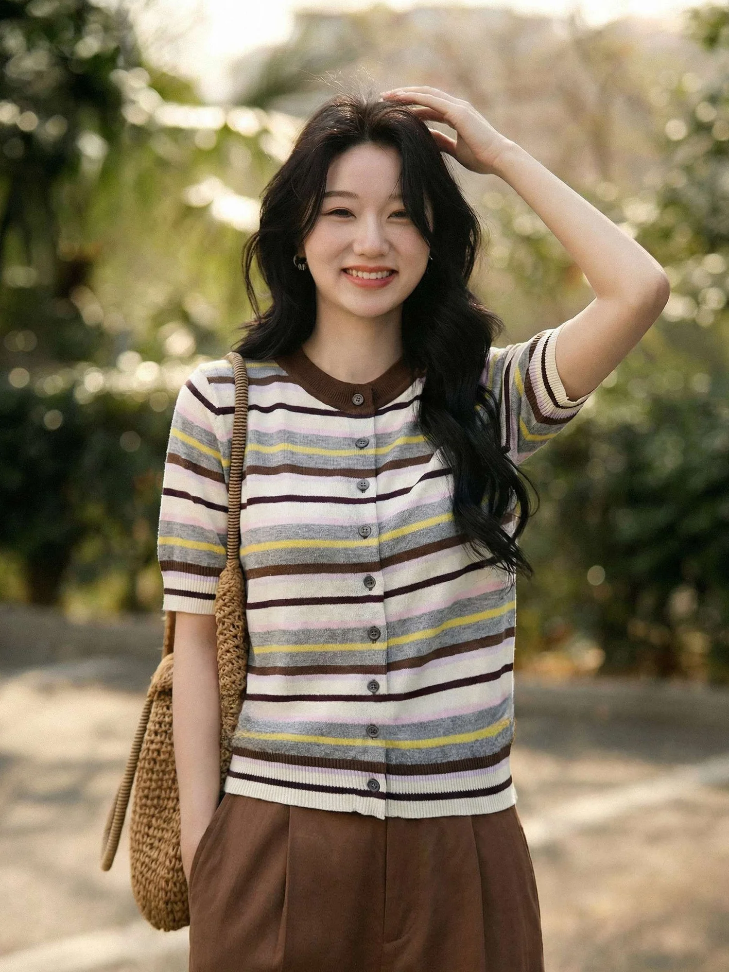 

Chivirin Vintage Style Slim Fit Short Sleeve Knitted T-Shirt round Neck Striped Top for Women Casual Summer Fashion