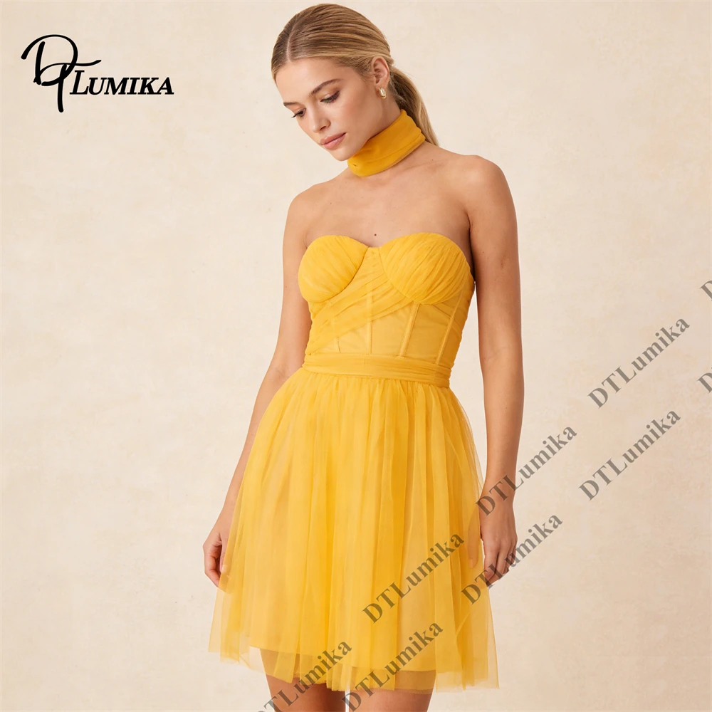 DTLumika Sweet Short Mini Dress for Women with Scarf Neck, Strapless A Line Party Gowns Customized Size and Colors Formal Dress