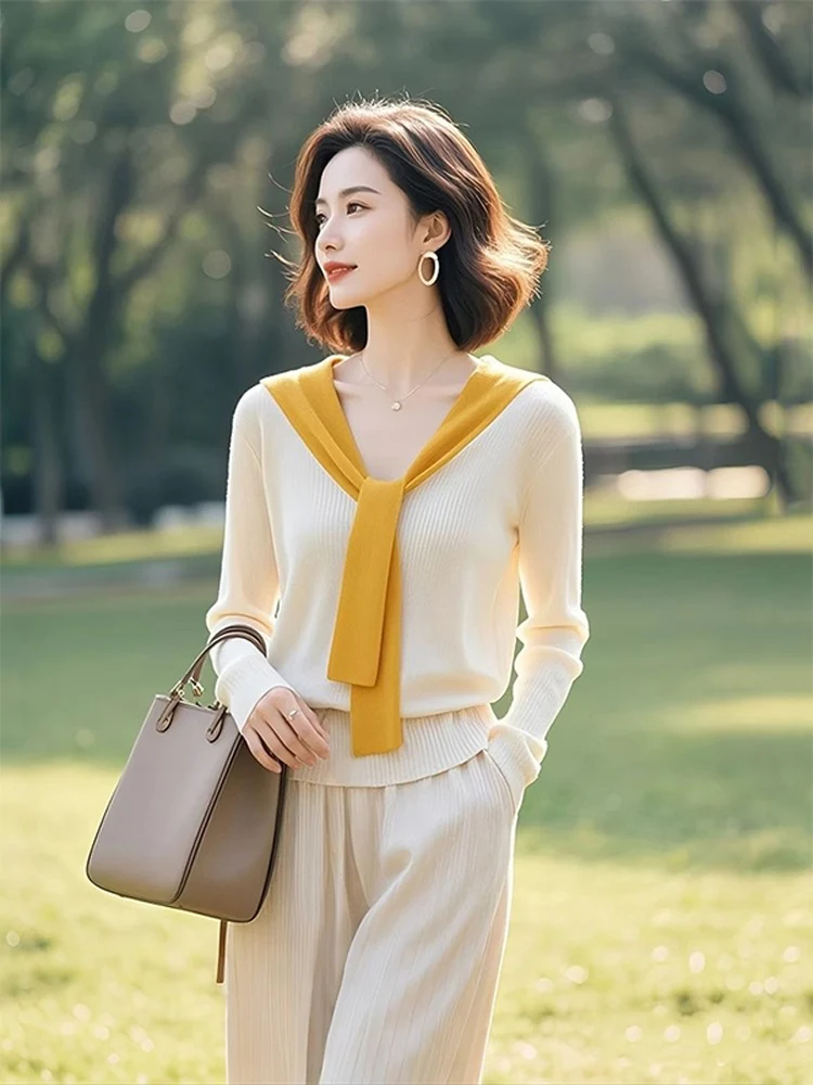 

Elegant Lazy Style Unique Knitted Sweater Color Block Shoulder Wrap Spring Design Women's Fashion Long Sleeve V-Neck Top