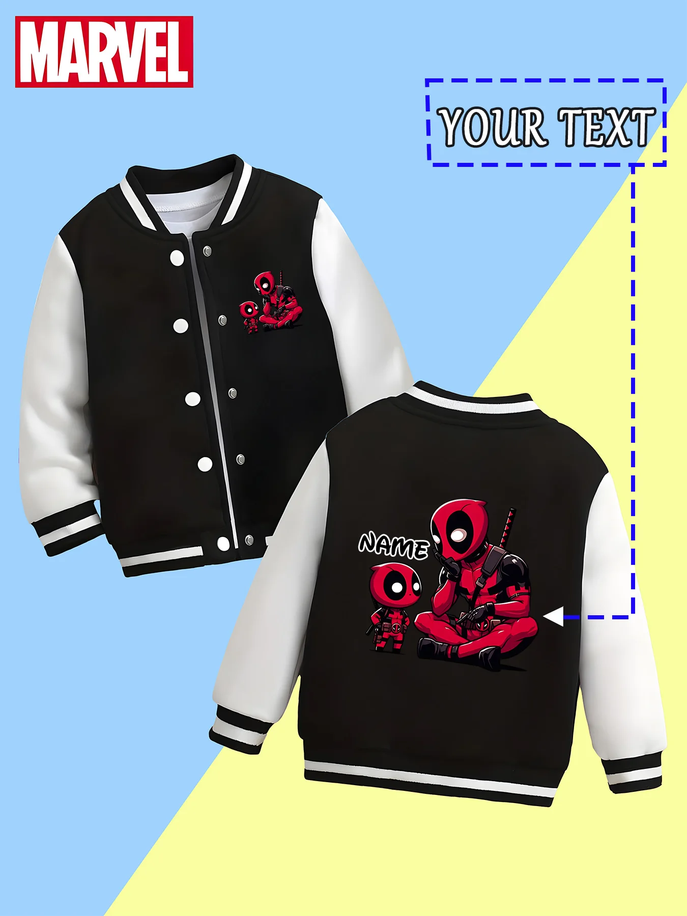 

MINISO Marvel Boys Baseball Jacket - Deadpool and his father's funny pattern, wear-resistant and durable with childlike fun, sup