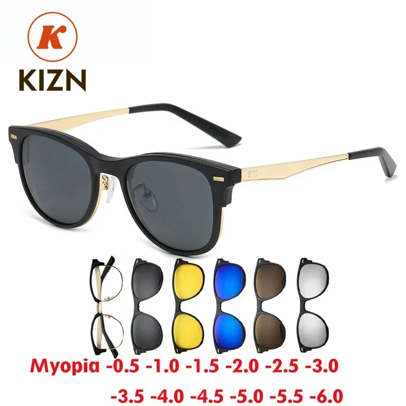 

KIZN 6 в 1, квадратные солнцезащитные очки для близорукости с магнитным зажимом, мужские и женские поляризационные очки TR90, оптические очки по рецепту от -0,5 до -10