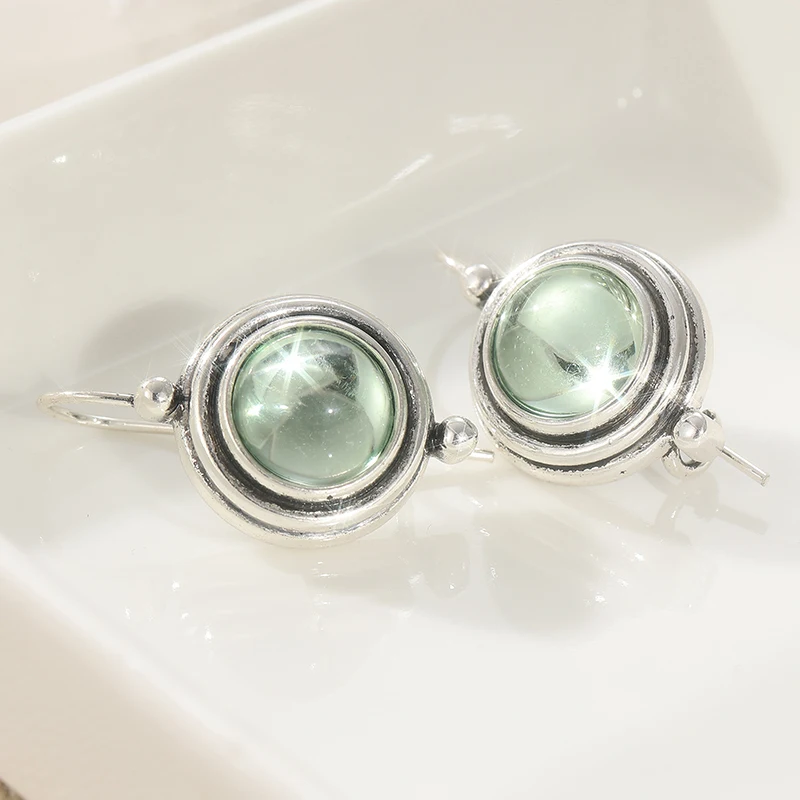 Vintage Silver Color Green Stone Dangle Earrings Woman Circle Carving Party Daily Wear