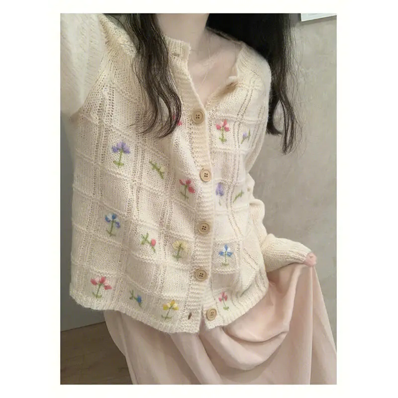 Autumn Trend Vintage All-match Fashion Appear Thin Sweet Embroidered Pocket Sweater Long Sleeve Loose Women Trend Cute Lively