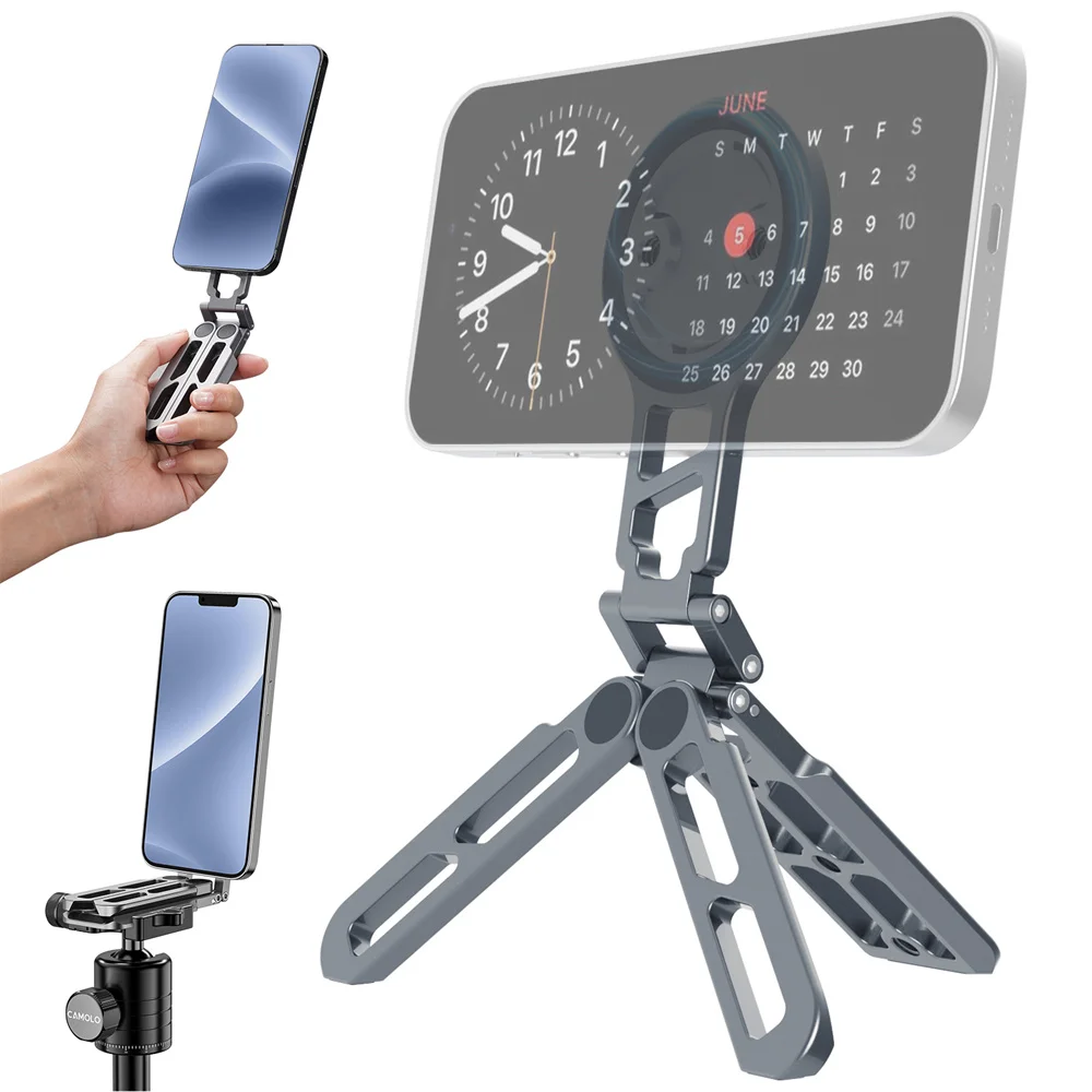 Aluminum Magnetic Selfie Stick Tripod w Arca Plate 1/4-20 Cold Shoe Foldable Phone Tripod Mount for Magsafe Iphone 15 14 Samsung