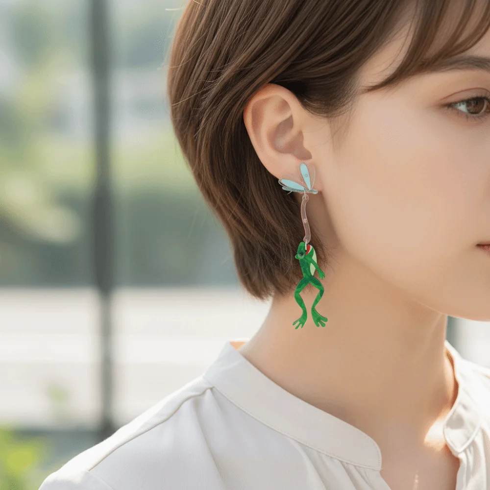 Personality Eating Flies Frog Acrylic Earrings Exaggerated Insect Form Frog Acrylic Earrings Mosquitoes Interesting
