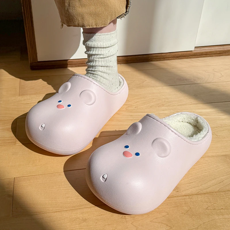 

Cartoon Cotton Slippers for Women Thick Sole Waterproof Home Slippers Comfort Non Slip Soft Warm Woman Flat Lovely Plush Slipper