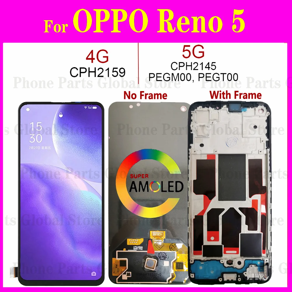 Display For OPPO Reno5 LCD 5G CPH2145 4G CPH2159 With Frame Touch Screen Digitizer Assembly Reno 5 PEGM00 PEGT00 Replacement