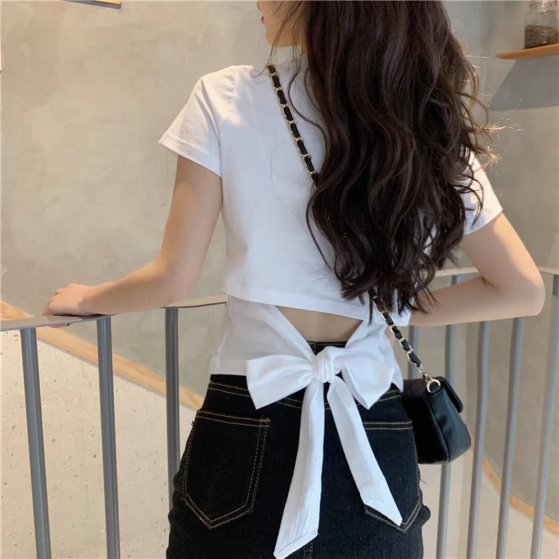 Women T-shirt 2024 New Korean Sweet Fashion Bow Backless Short O-neck Girls Ti-shir