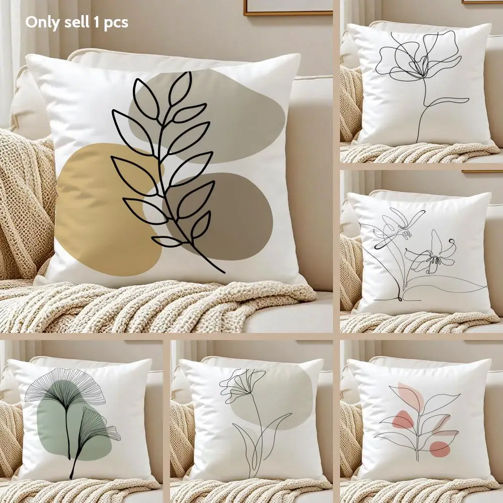 Botanical Line Art Design Cushion Cover Silky Short Plush Sofa Pillow Cover Hidden Zipper Soft Dustproof Case for Home Decor