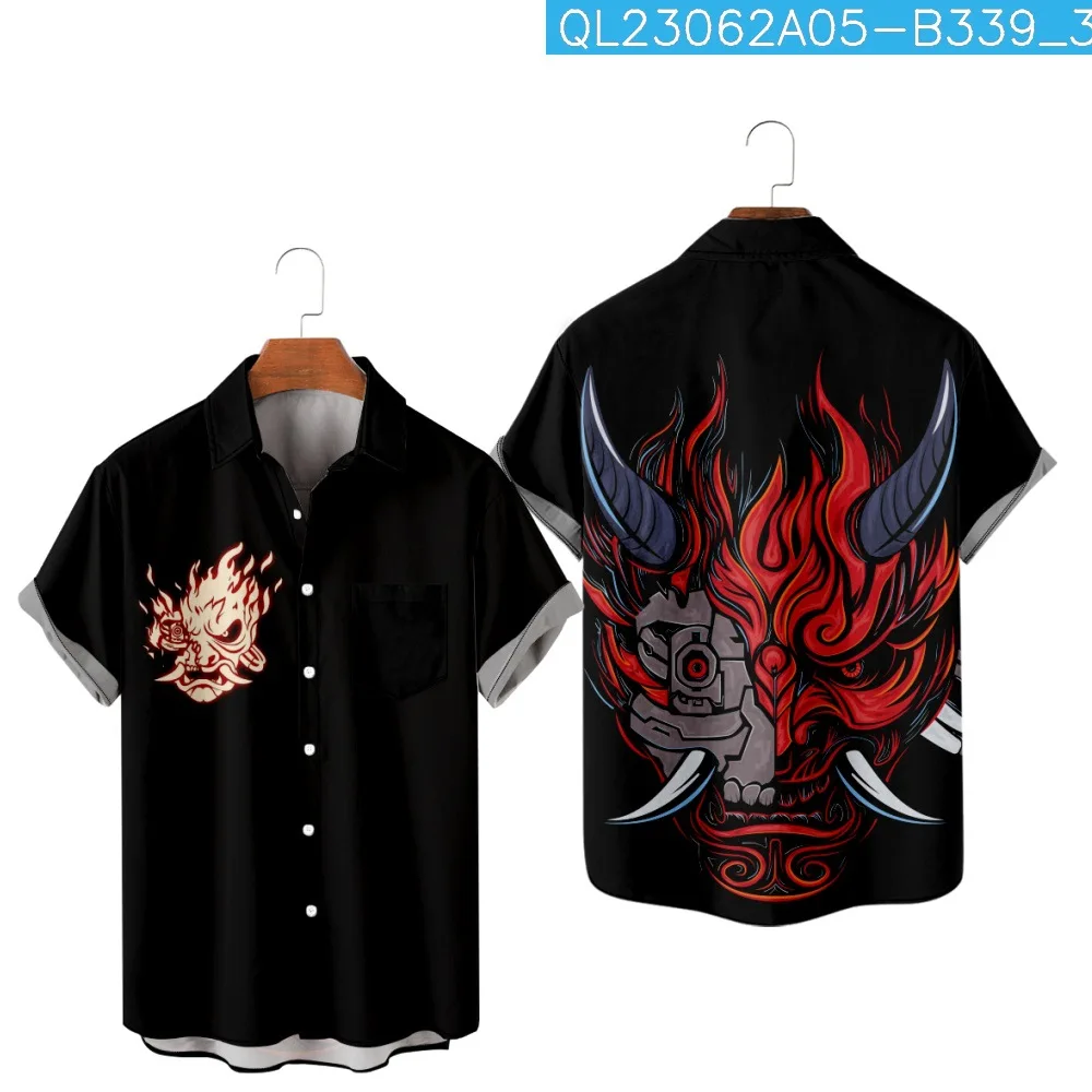 

Cartoon Demon Mask Printed Short Sleeve Casual Hawaiian Beach Shirt Summer Mens Fashion Vintage Blouse Clothing Streetwear