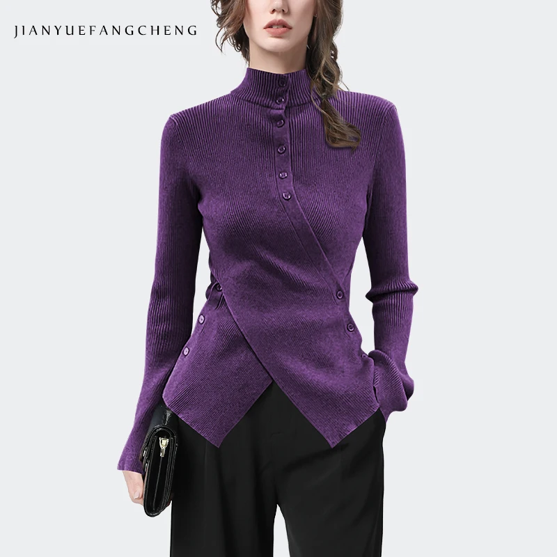 Fashion Womens Turtleneck Skinny Purple Wool Sweater Irregular Crossed Button-down Knitted Cardigan Tops