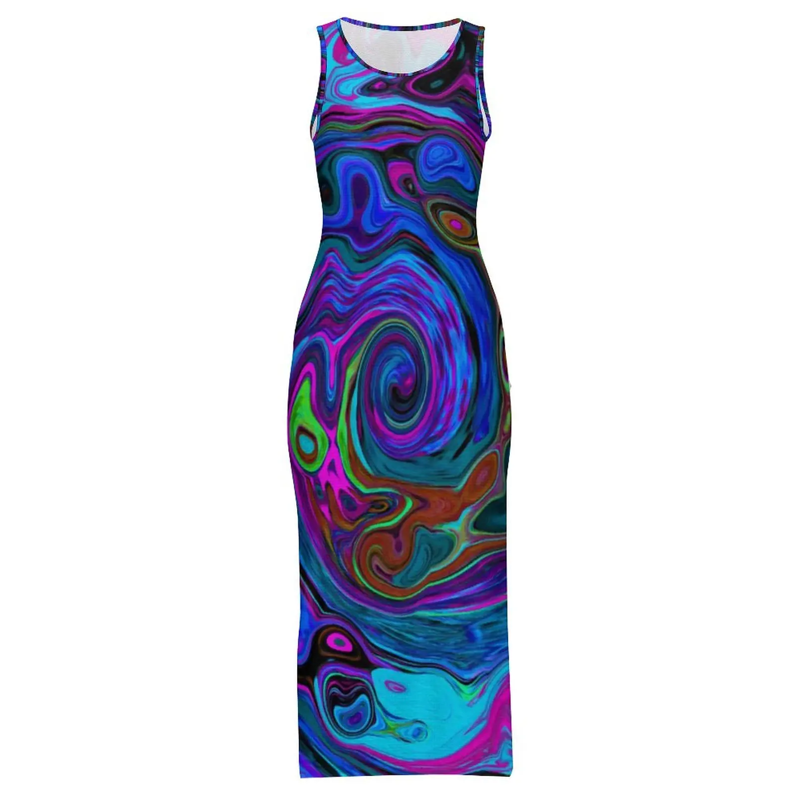 Grooviges Hippie-Druckkleid, ärmellos, blau und lila, flüssige Mode, Maxikleider, Vintage, figurbetontes Kleid, Damen, Übergröße, Vestidos