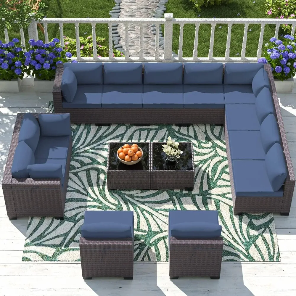 Outdoor Patio Furniture Set, 14 Pieces Sectional Patio Sofa, Patio Conversation Set with Tempered Glass Top Table & Cushions