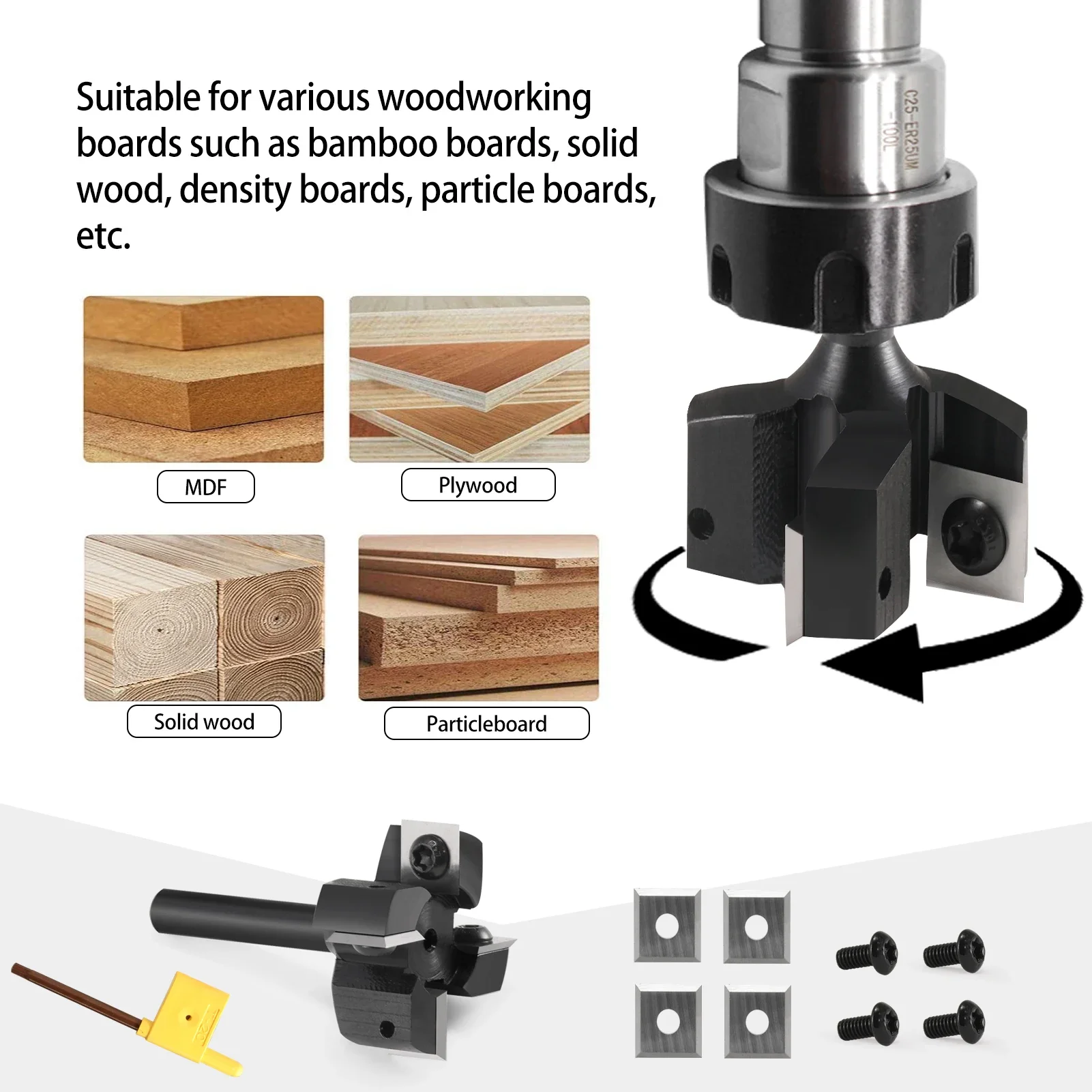 4-Flutes Insert CNC Milling Cutter 8mm 12mm 12.7mm Shank Carbide Coated Wood Planer Router Bit Replaceable Blades End Mill