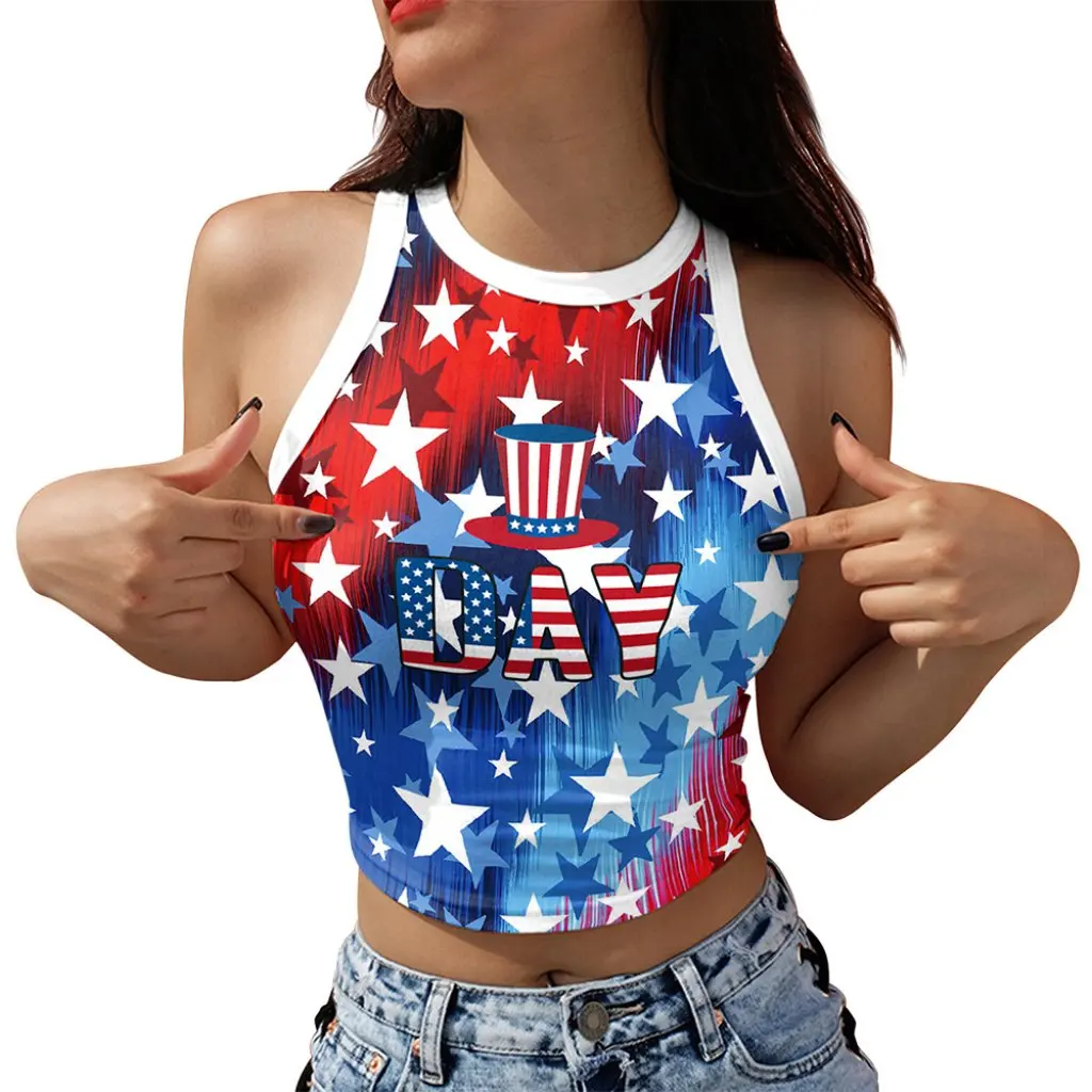 

Women's Sleeveless Shoulder Short Vest Digital Printed Independence Day Flag Design European American Style Summer Top