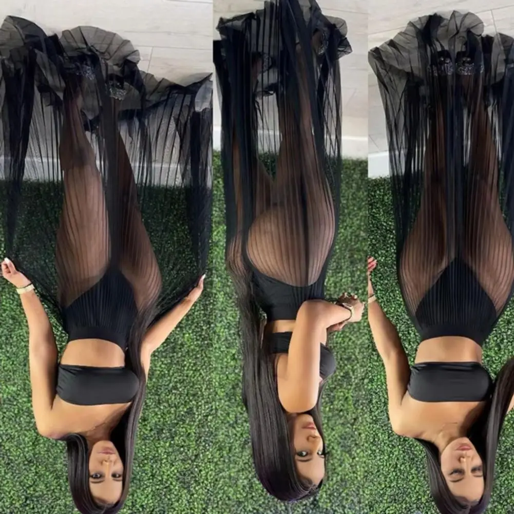 

2025 3Pcs/Set Vest Skirt Set Ladies' Sexy Mesh Pleated Skirt Set Chest Wrapped Top Three Piece Skirt Set Long Skirts Beach Suit