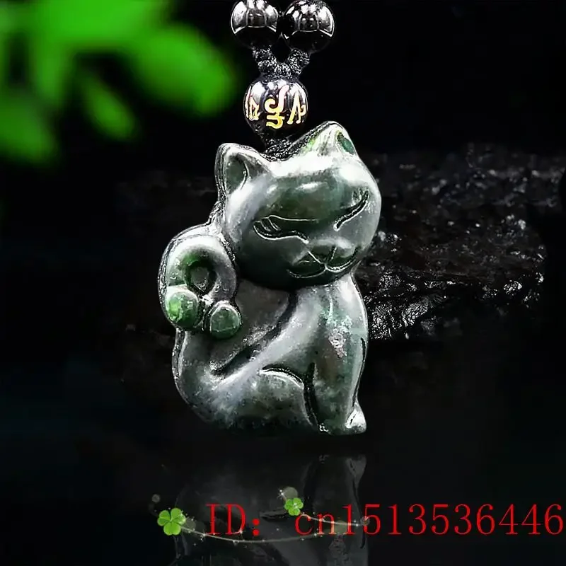 Black Green Jade Cat Pendant Necklace Charm Fashion Carved Man Woman Gifts Chinese Jewellery Natural Amulet Sweater Chain