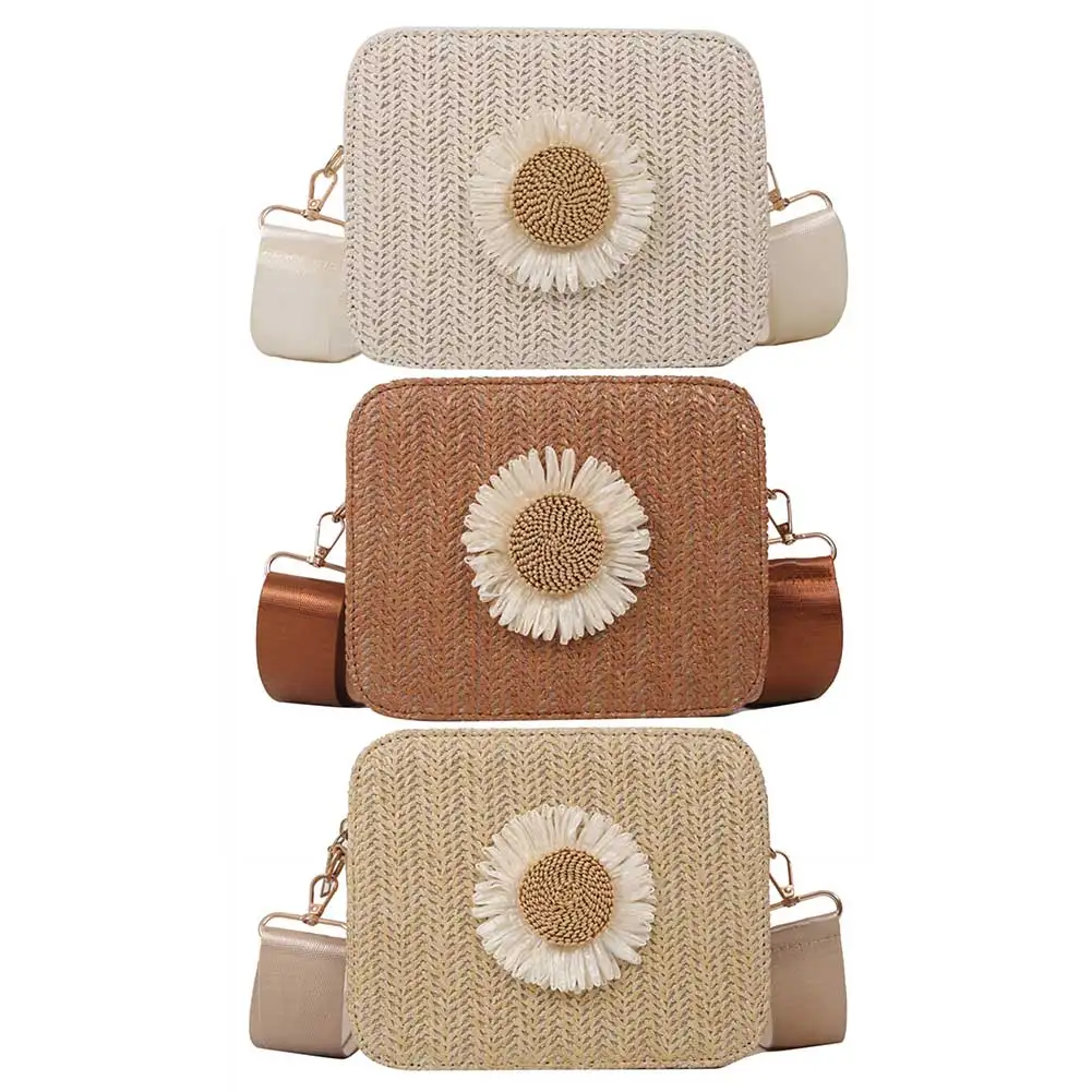 

Women Rattan Straw Bag Straw Plaited Ladies Sunflower Bag Adjustable Shoulder Straps Zipper Closure PU Classic Style for Outdoor
