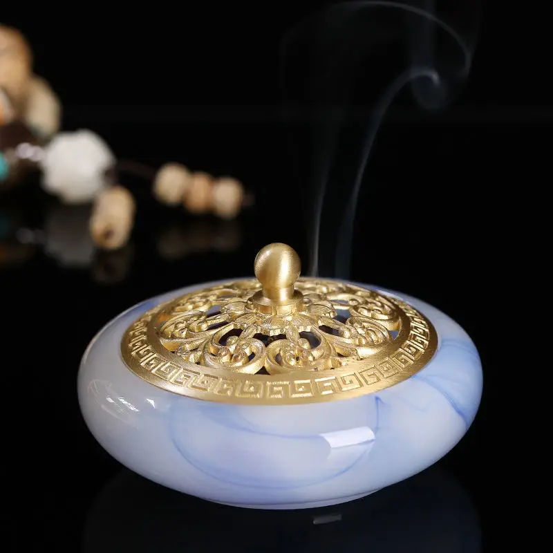 Elegant Incense Burner Glass Jade Incense Censer Home Decor Indoor Incense Holder Exquisite Brass Lid Handheld Ornaments Gifts