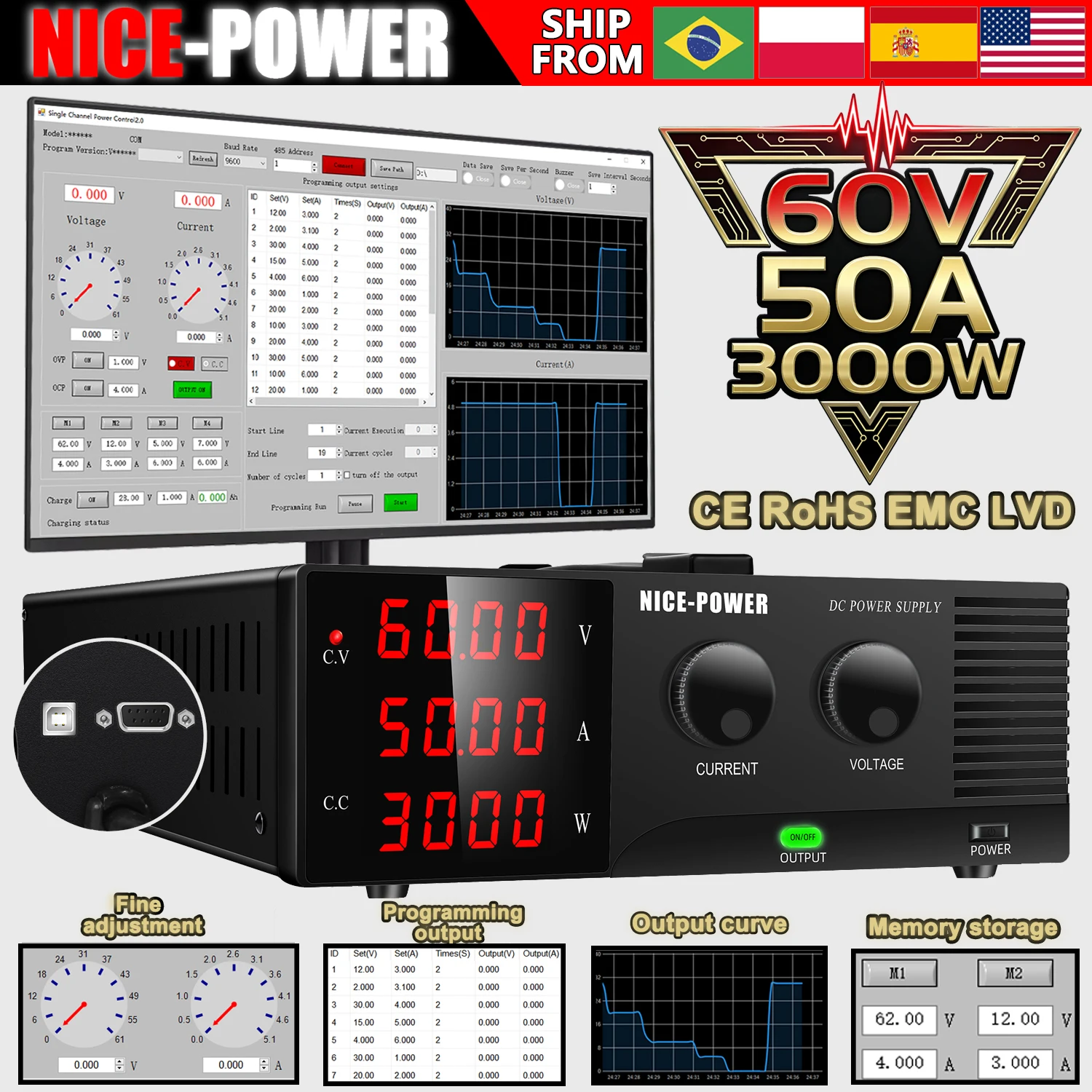 NICE-POWER Bench LAB DC Power Supply 3000W,With Output Switch RS232 Software Control,15V 100A, 30V 60A 80A,80V 20A,200V 10A   ﻿