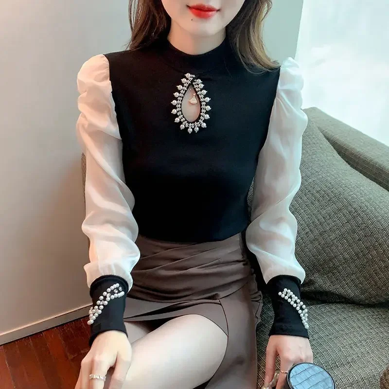 Female Casual Beading Spliced Hollow Out Knitted Tops Fashion All-match Fake Two Pieces Pullovers Autumn Winter Women's Clothing