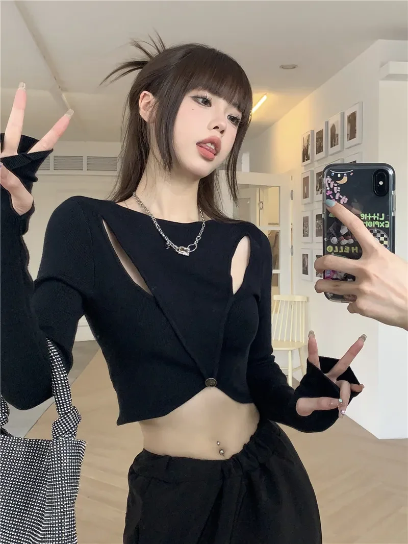Sexy Pullovers for Women O-neck Tunic Hollow Out Pull Femme Fashion Irregular Knitted Cropped Sweater Y2k Tops 2023 Ropa Mujer