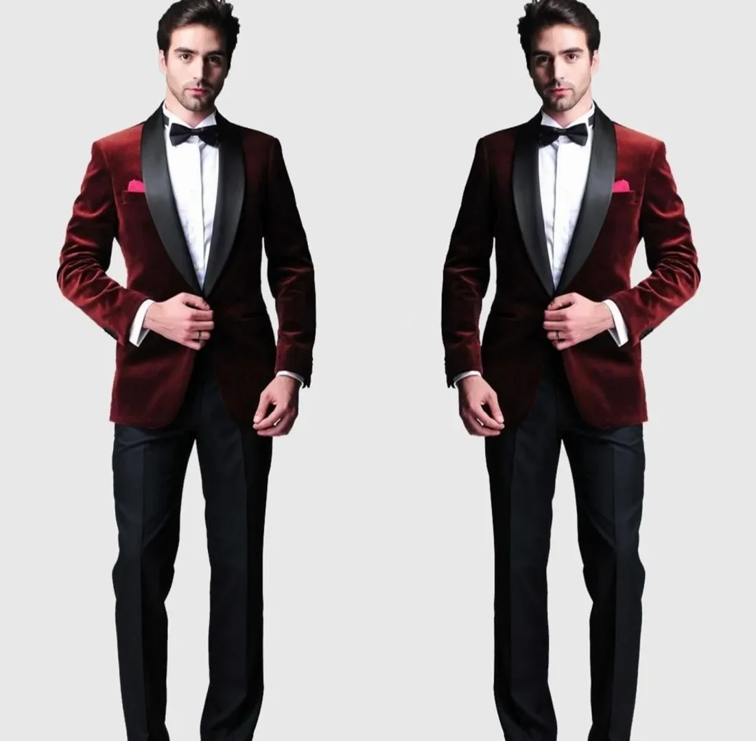 

Burgundy Velvet Slim Fit Groom Tuxedos Wedding Suits Custom Made Groomsmen Best Man Prom Suits Black Pants (Jacket+Pants)