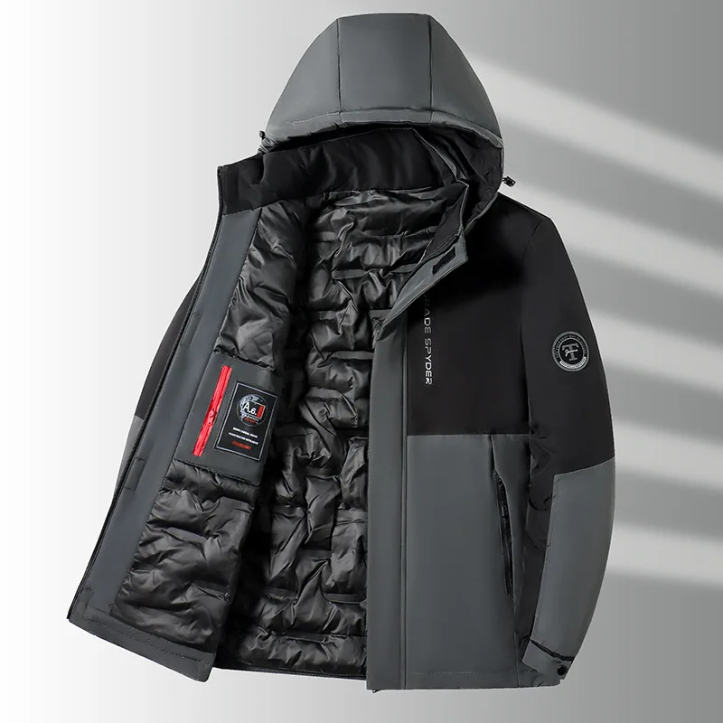 Jaqueta acolchoada com capuz destacável para homens, casaco casual, parkas grossas, algodão, inteligente, manter aquecido, neve, sólido, moda, inverno, marca