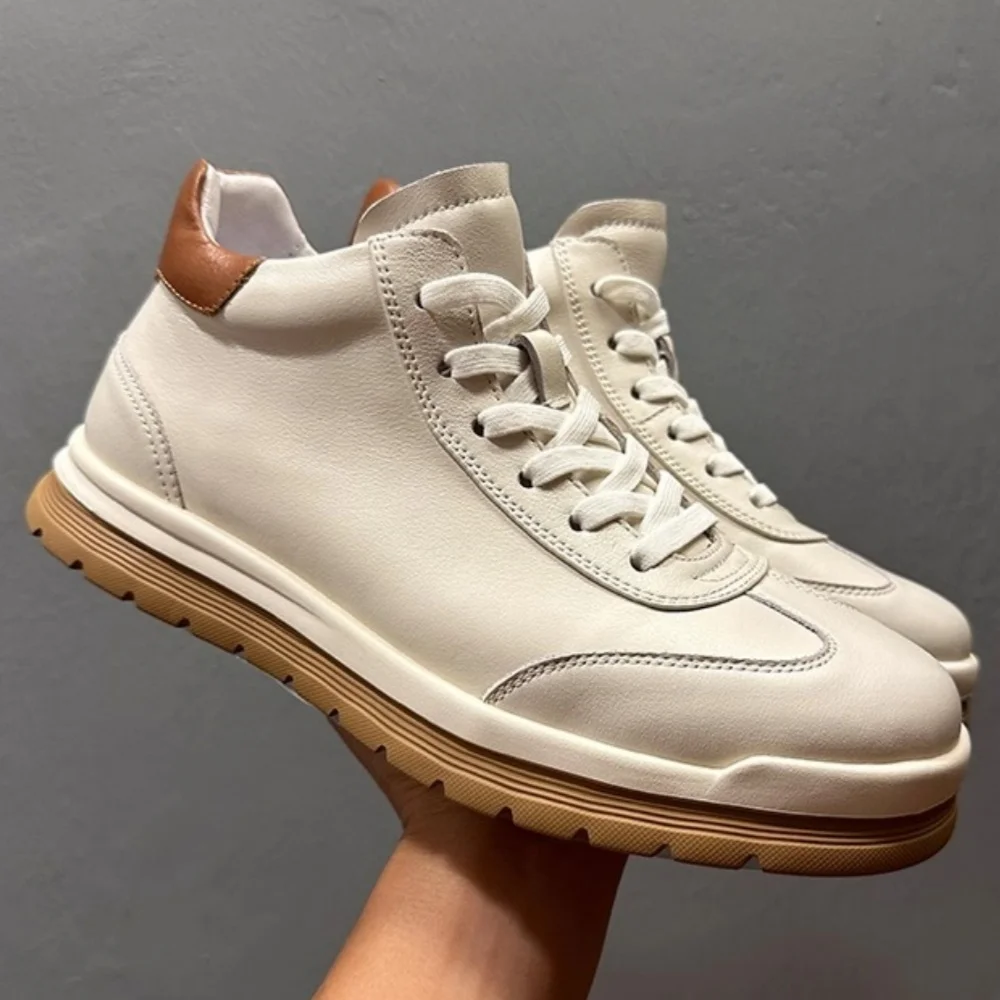 

QHCCID Spring Summer New Men's Casual Shoes Genuine Leather Breathable round Toe Lace-Up Thick Bottom Cowhide Sports Shoes