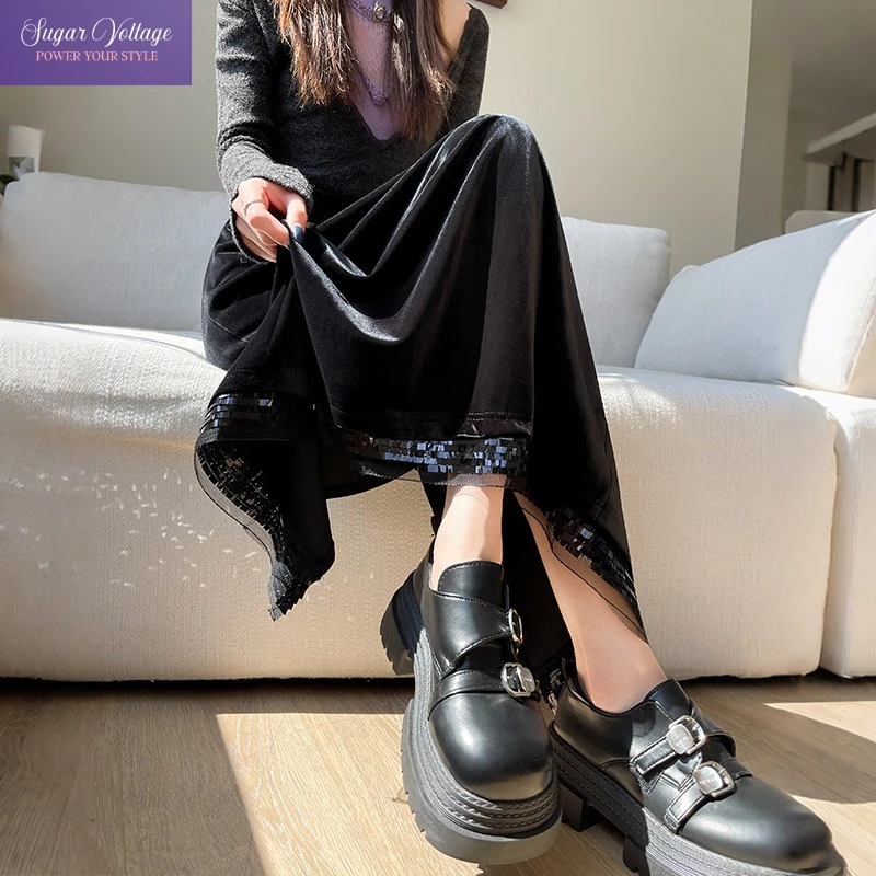 

Elegant Party Lace Trim Sequin Mesh Velvet Slit Long Skirt Women Vintage High Waist Slim Fit Mid Skirt Autumn Chic 2000s Outfit
