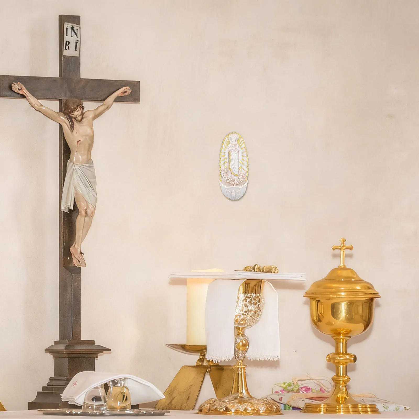 

Resin Catholic Holy Water Font Guadalupe Wall Hanging Decor for Church Entrance Religious Home Worship Blessing