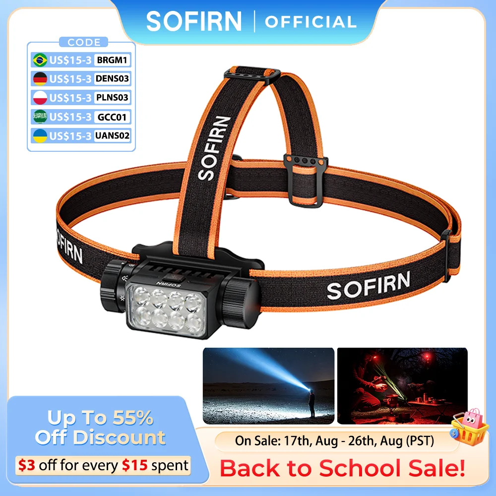 Latarka czołowa SOFIRN HS23 3320lm z białym i czerwonym światłem LED, ładowana baterią 21700, szybkie ładowanie Type-C, wodoodporność IPX6, do użytku na zewnątrz.