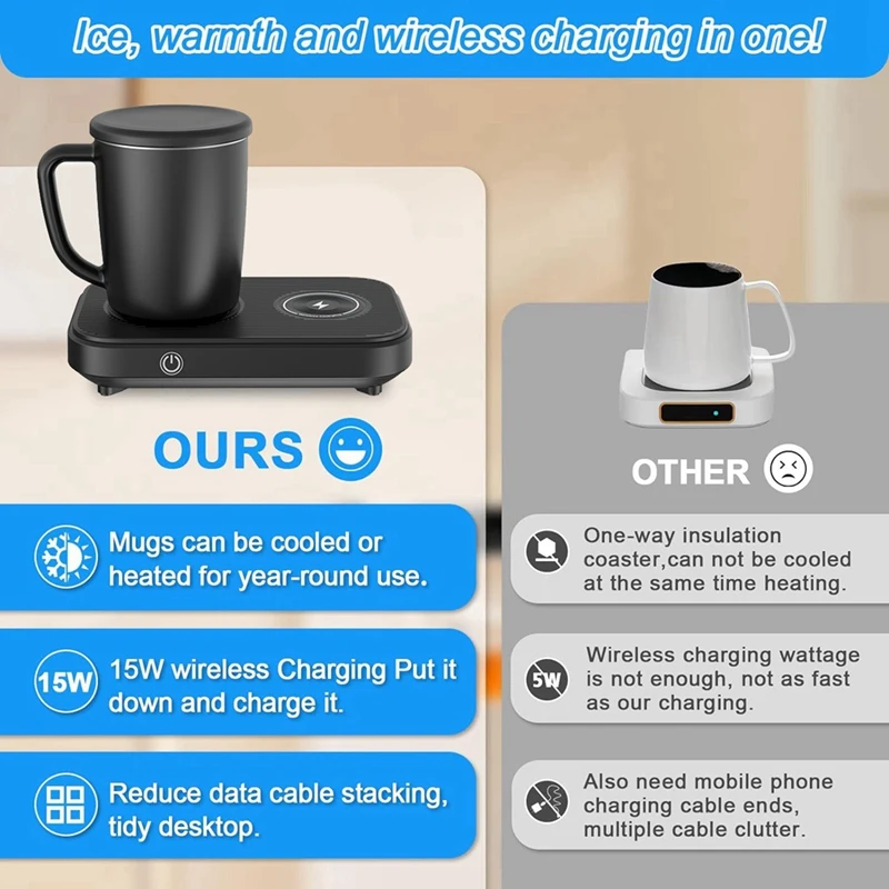 3 In1 Smart Self Heated Refrigeration Coffee Mug Wireless Charger Base Thermostatic Coaster For Office Work/Home