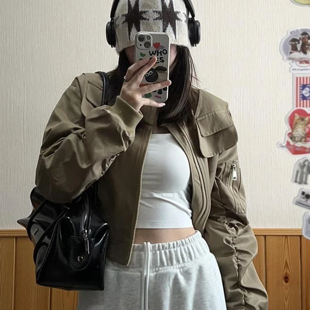 Y2k Vintage Cropped Bomber Jacket Women | Korean Street Clothing 