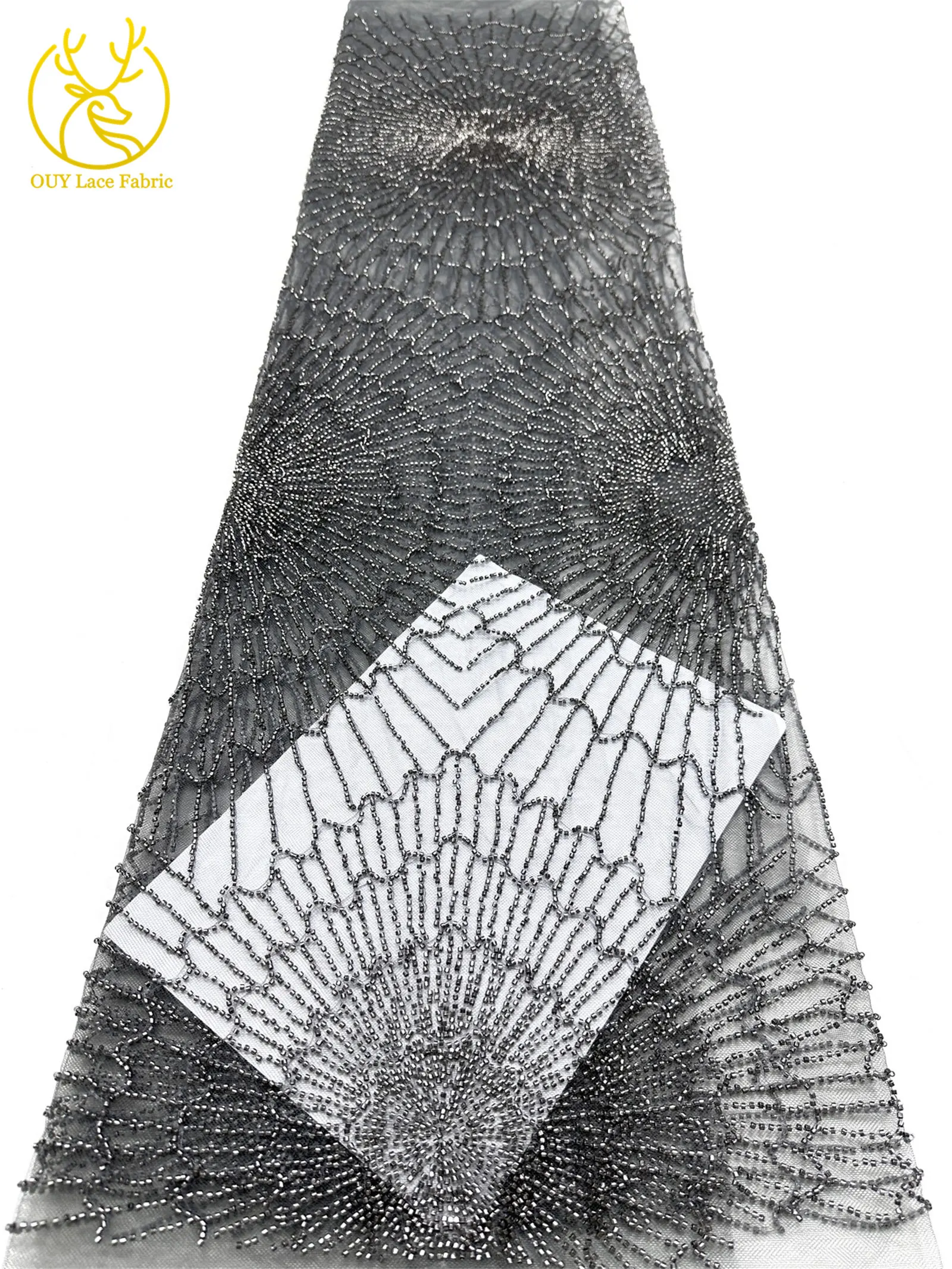 Luxuriöser afrikanischer, stark perlenbesetzter Spitzenstoff, goldene nigerianische Perlen-Spitze, französischer Tüll-Spitzenstoff für Brautkleider und Hochzeitskleider zum Nähen – Detail 27